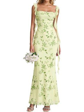 Women's Green Floral Boat Neck Elegant Ruffle Bodycon Formal Cocktail Maxi Dress
